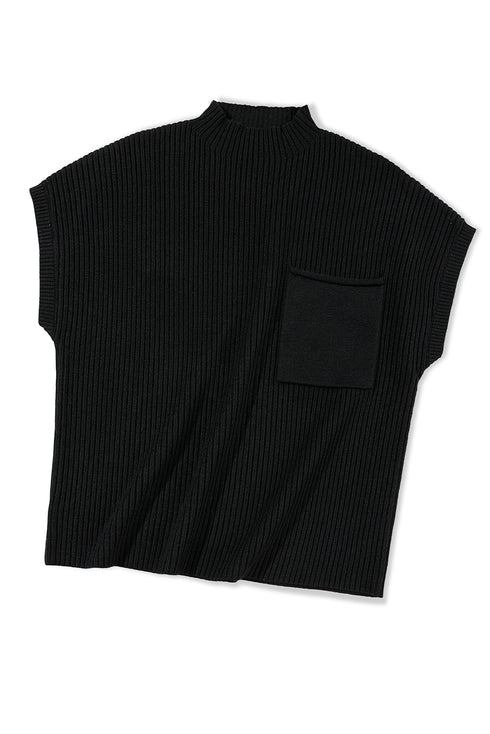 Ribbed Mock Neck Patch Pocket Drop Shoulder Short Sleeve Sweater
